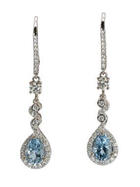 Sparkling Aquamarine and Diamond Pear Earrings in Solid 14K White Gold